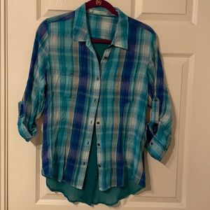 Teal blue plaid flannel with open back